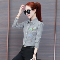 2021 New Embroidered striped shirt womens long sleeve loose Korean version of womens Joker spring shirt jacket foreign style vertical