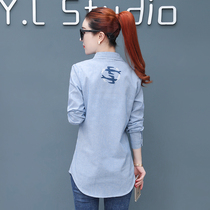 Shirt 2019 new autumn striped shirt womens long sleeve long loose Korean top embroidery plus velvet embroidery