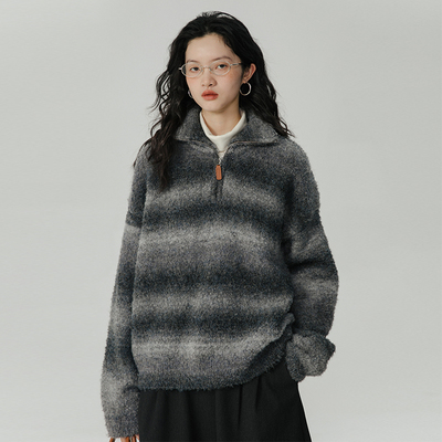 taobao agent Demi-season sweater with zipper, knitted top, gradient, 2023 collection, polo collar