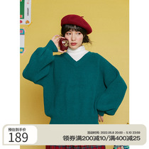omont egg tart retro pure color v Collar Bubble Webbing Sweater Women Loose Wear Short winter new