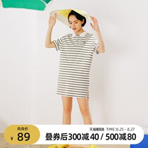  omont egg tarts home 2021 new mid-length loose short-sleeved striped polo neck dress summer t-shirt skirt