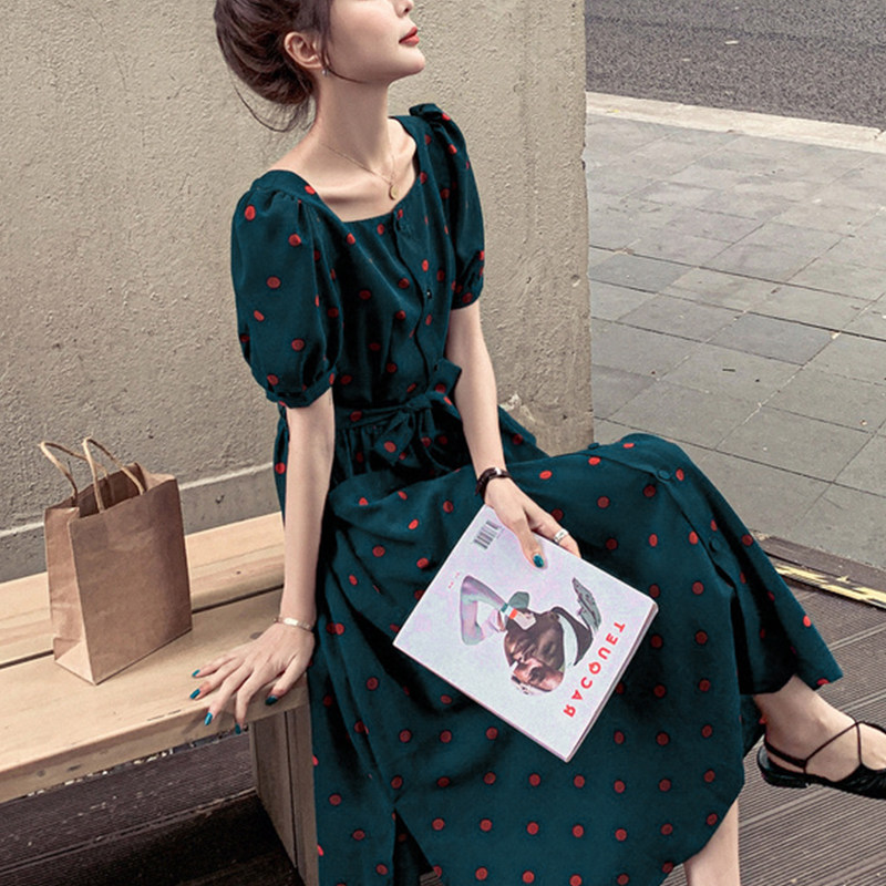 Sandro Moscoloni light cooked wind puff sleeve chiffon dress women 2023 spring and summer new square collar dress