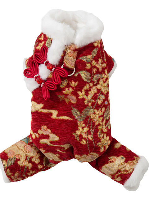 Spring Festival Festive Dog Clothes for Small Dogs, Teddy Winter Warm Tang Suit for New Year Celebrations, Suitable for Outdoor Use with Leash, Four-Legged Cotton Coat