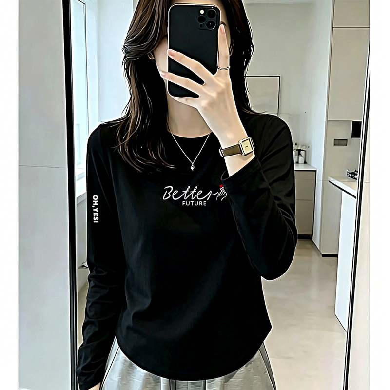 Cotton Long-Sleeved T-Shirt for Women, New Autumn Style, Suitable for Single Wear, Korean-Style Top with Curved Hem as a Base Layer Cotton Long-Sleeved T-Shirt for Women, New Autumn Style, Suitable for Single Wear, Korean-Style Top with Curved Hem as a Base Layer