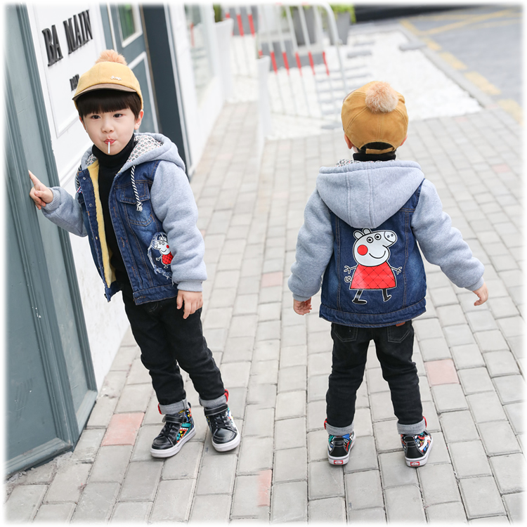 Áo khoác trẻ em denim cho bé trai 2017 mùa thu đông mới Thời trang bé gái trùm đầu Hàn Quốc cộng với quần áo nhung trẻ em dày bexinhshop shop