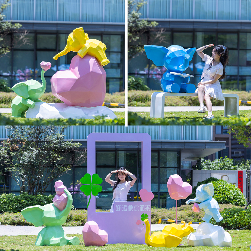Fiberglass Cartoon Elephant Sculpture for Mall, Sales Office, Lawn, Park, Landscape, Balloon Photo Frame Decoration, Ornament