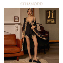 Pajamas three-piece nightgown summer thin female Ice Silk sexy lace suspender pajamas nightgown Queen fan light luxury