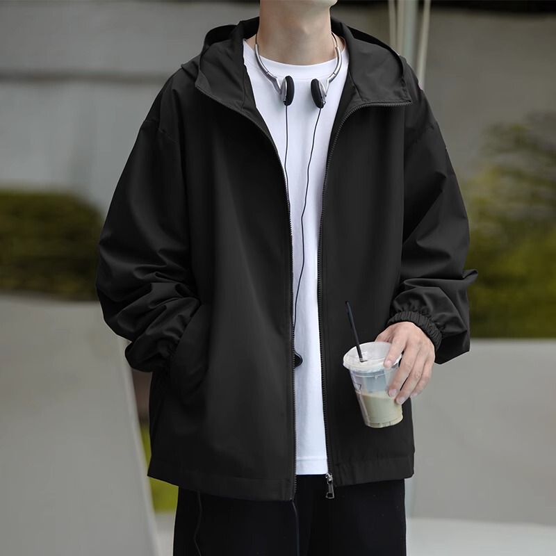 American Style Men's Spring and Autumn Solid Color New Casual Outdoor Sports Trendy Hooded Youth Jacket Coat Top