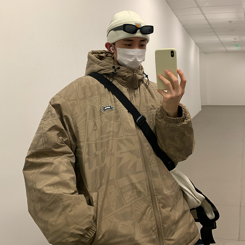 夜光满印连帽棉服外套男士冬季设计感美式潮牌加厚保暖情侣款棉衣 2