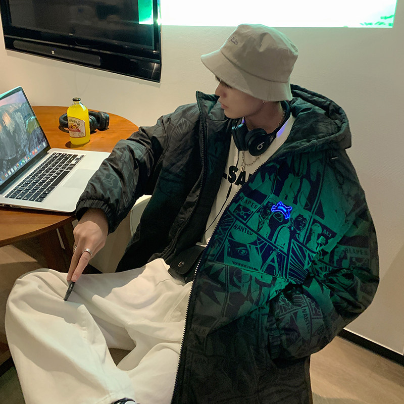 夜光满印连帽棉服外套男士冬季设计感美式潮牌加厚保暖情侣款棉衣 5