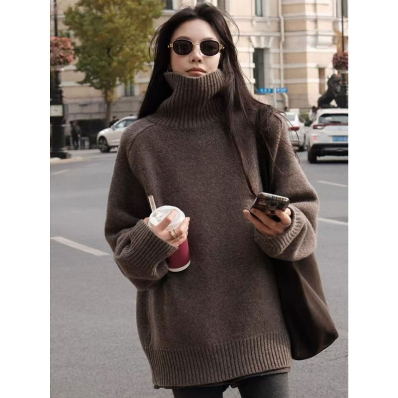 High-Neck Lazy Style 100% Pure Wool Sweater for Women, European High-End Thick Loose Coarse Knit Autumn and Winter Base Sweater High-Neck Lazy Style 100% Pure Wool Sweater for Women, European High-End Thick Loose Coarse Knit Autumn and Winter Base Sweater
