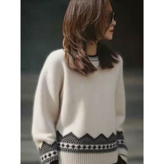 Color-Blocked Jacquard Round-Neck 100% Pure Cashmere Sweater for Women, European High-End Thickened Autumn and Winter New Soft and Cozy Base Sweater