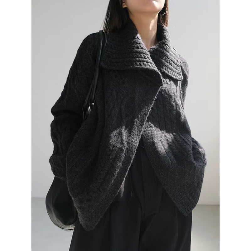 European Goods | Large Lapel Chunky Knit Cardigan for Women, Pure Wool Sweater, Heavy Cable Knit, Autumn and Winter Cashmere Turtleneck Sweater Coat.