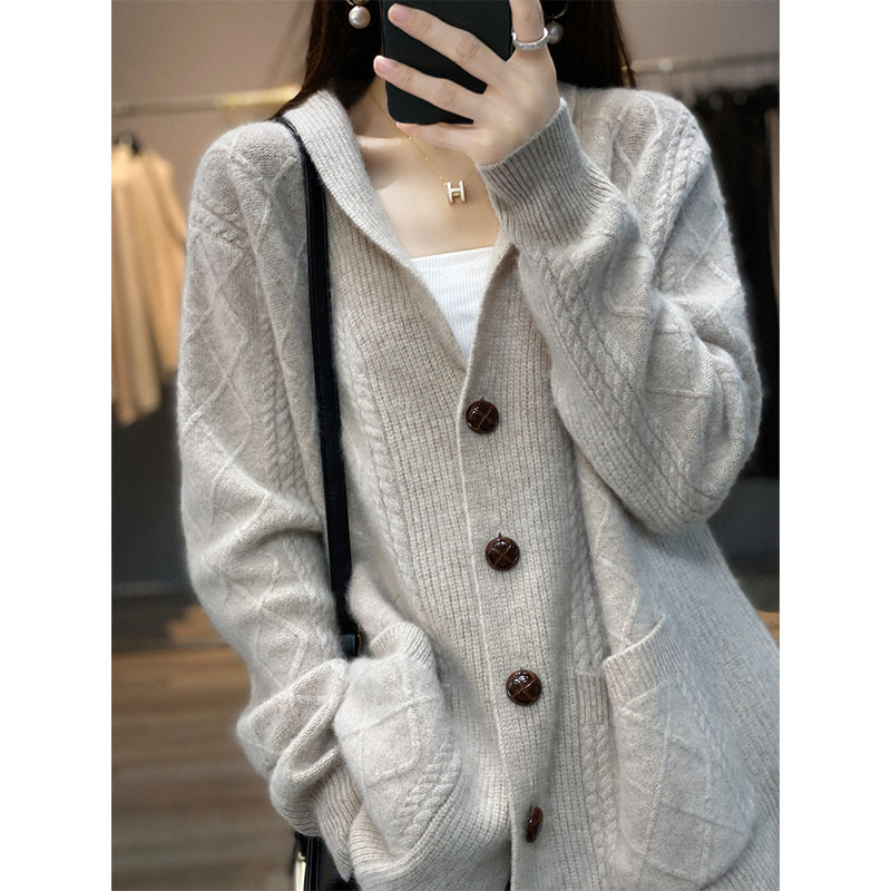 High-End European 100% Pure Cashmere Oversized Cardigan Sweater for Women, Loose and Lazy Style, Thick Twisted Knit Sweater Jacket