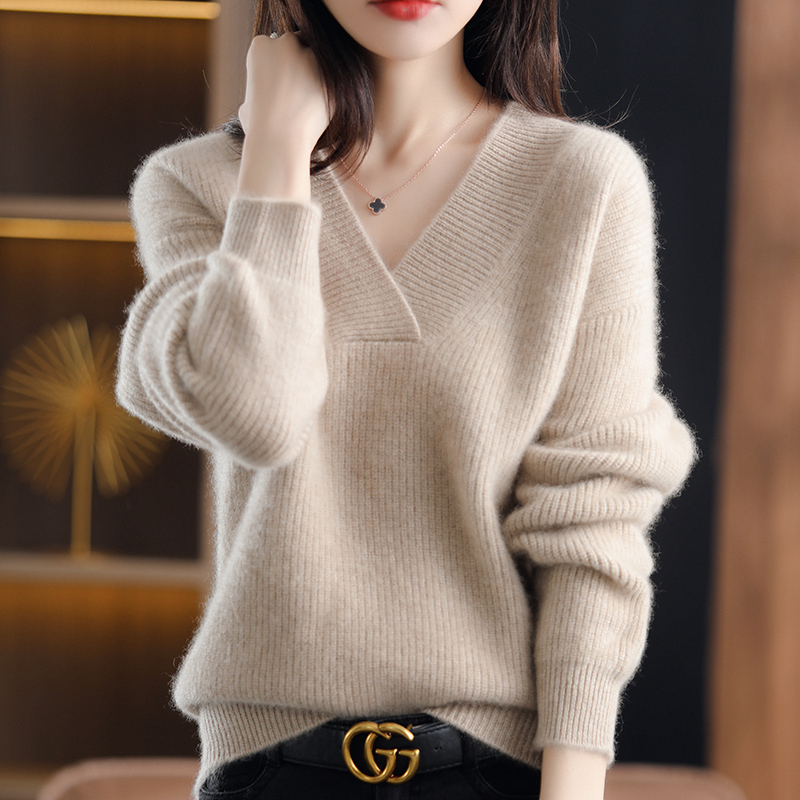 European High-End 100% Pure Cashmere Sweater for Women, Autumn and Winter, Loose, Lazy, Soft, Thick, Fashionable V-Neck Base Sweater