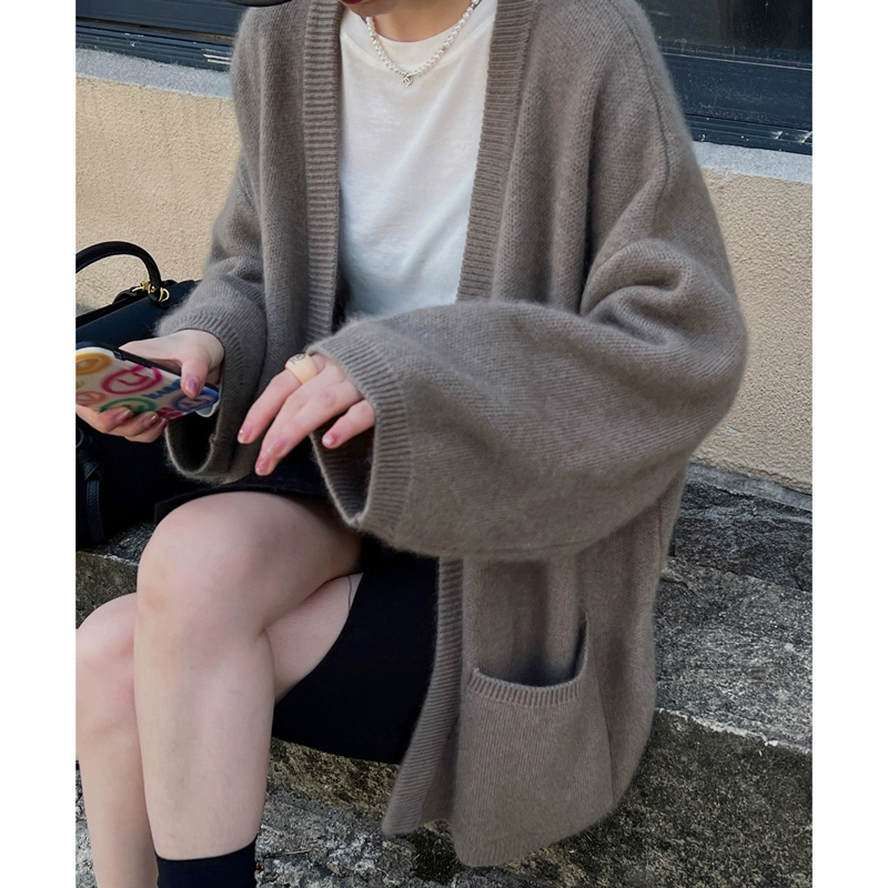 Autumn and Winter European Style Lazy Cardigan for Women, 100% Pure Cashmere Knitwear, Mid-Length Loose High-End Sweater Coat