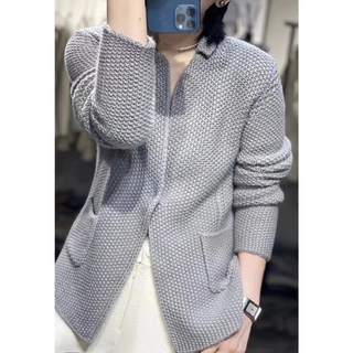 Cardigan Sweater for Women, 100% Pure Cashmere, Autumn Thickened, High-End Stand Collar, Loose-Fitting Suit-Style Knitwear, Elegant