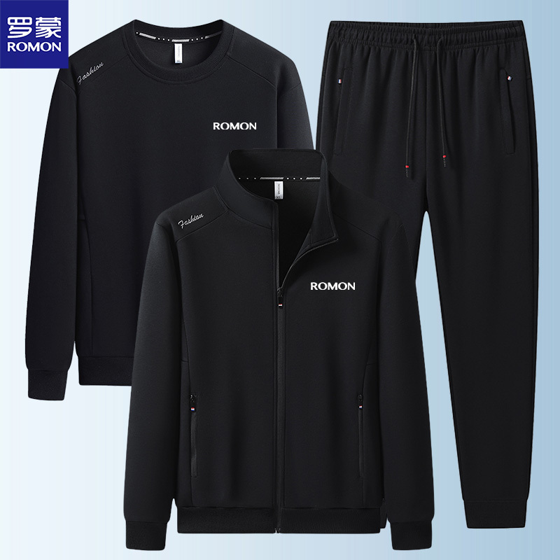 Romon Cotton Suit Men's Spring and Autumn Sportswear Three-Piece Set Casual Loose New Cardigan Dad Stand-Up Collar Sweatshirt