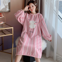 Coral velvet nightdress womens autumn and winter long Korean sweet cartoon cute flannel winter plus velvet pregnant pajamas