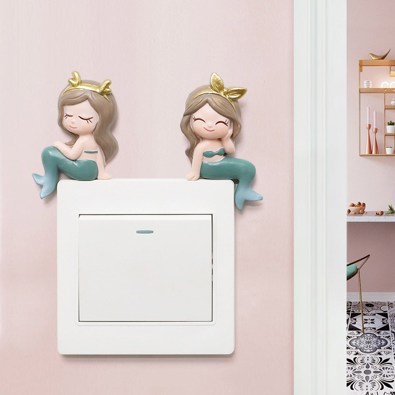 Switch Sticker Wall Sticker home 3d Cubism Nordic Wind Cute Cartoon Resin Mermaid Children House Socket Decorations
