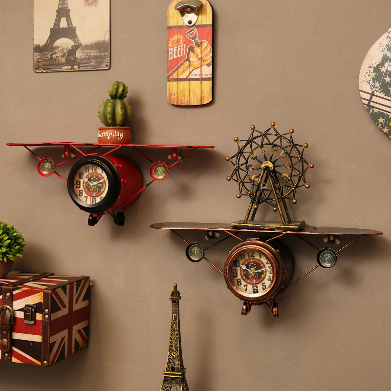 American retro wall decoration airplane model wall clock bar wall wall pendant wall hanging industrial style decoration
