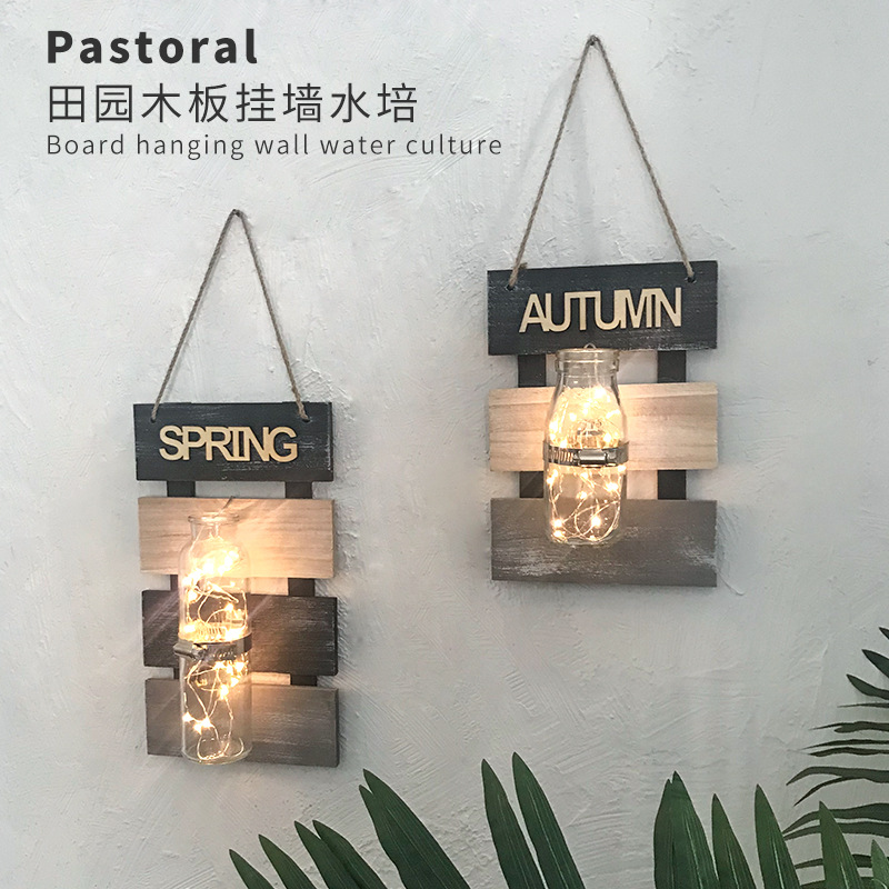 Luminous Solid Wood Plate Wall Decorations Bedroom Pendant Creative Wall Wall-mounted Hydroponic Vase Hanging Wall Flower Arrangement Bottle Basin