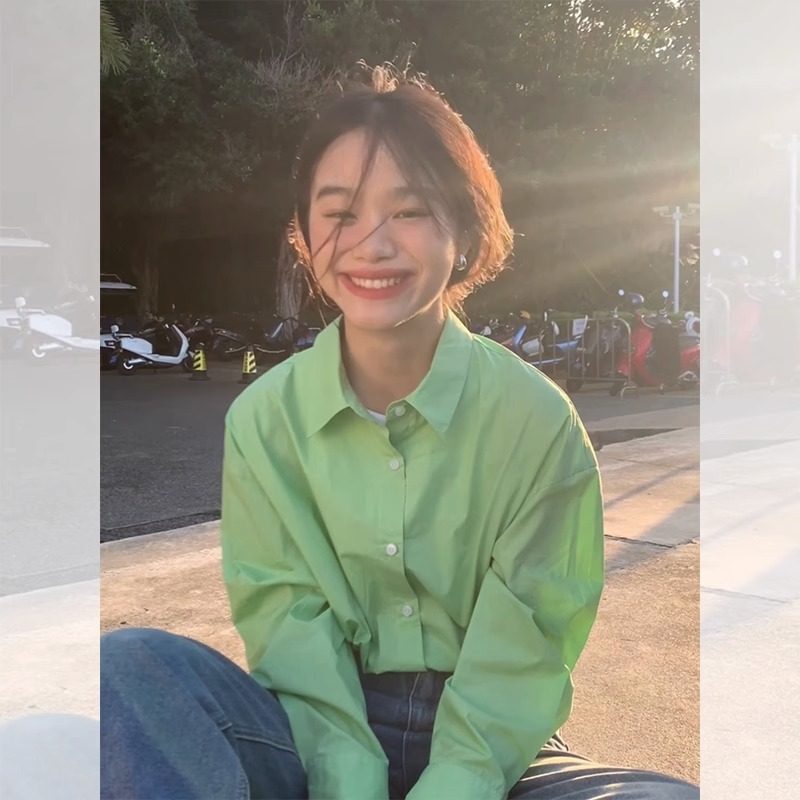 Korean Style Pure Cotton Vintage Green Long-Sleeved Shirt for Women, New Spring and Autumn French Design, Salt-Style Hong Kong Flavor Elegant Top Korean Style Pure Cotton Vintage Green Long-Sleeved Shirt for Women, New Spring and Autumn French Design, Salt-Style Hong Kong Flavor Elegant Top