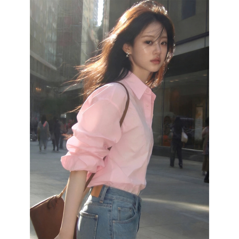 Spring, Summer and Autumn Korean Style Pink Age-Reducing Gentle Fashion Casual Shirt Women's Fashion Pure Cotton Lapel Loose Shirt Spring, Summer and Autumn Korean Style Pink Age-Reducing Gentle Fashion Casual Shirt Women's Fashion Pure Cotton Lapel Loose Shirt