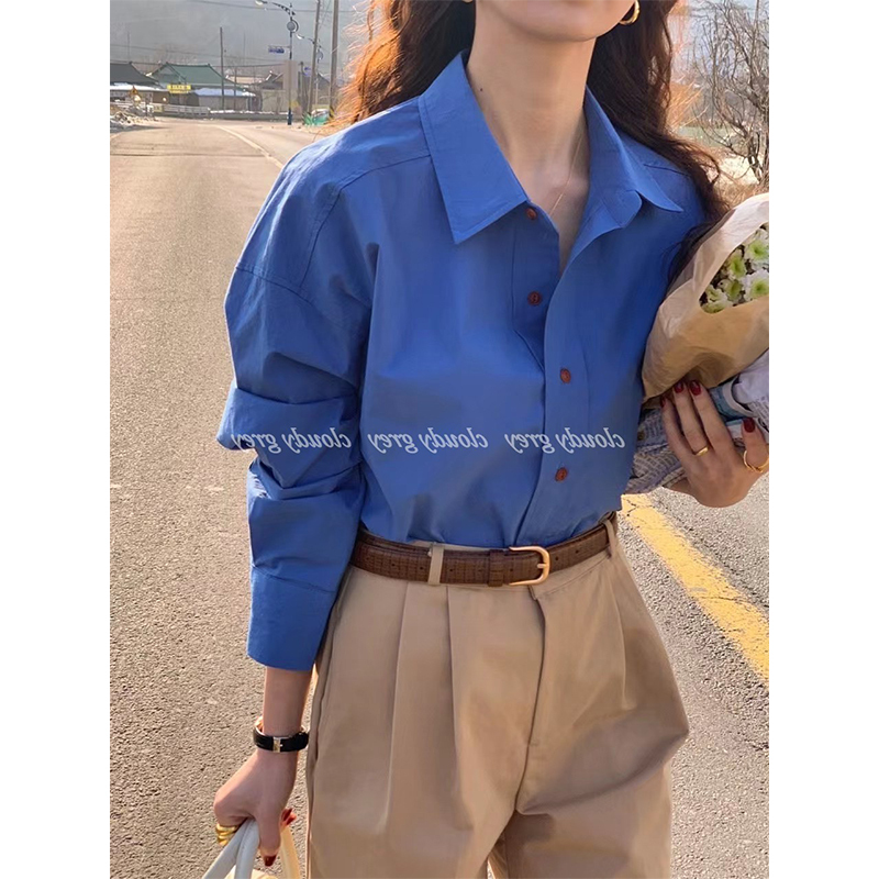 High-End and Unique Klein Blue Shirt for Women, 2026 Spring and Autumn New Product, Pure Cotton Loose Shirt, Korean Style Top for Layering