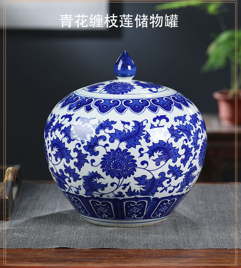 Jingdezhen ceramics general archaize of blue and white porcelain jar with cover large storage tank tea pot ornament furnishing articles