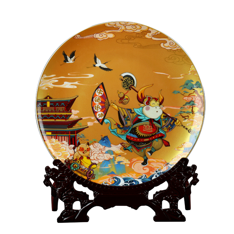 Jingdezhen ceramics NiuTu wring Chinese hang dish sat dish wine porch sitting room place decoration plate