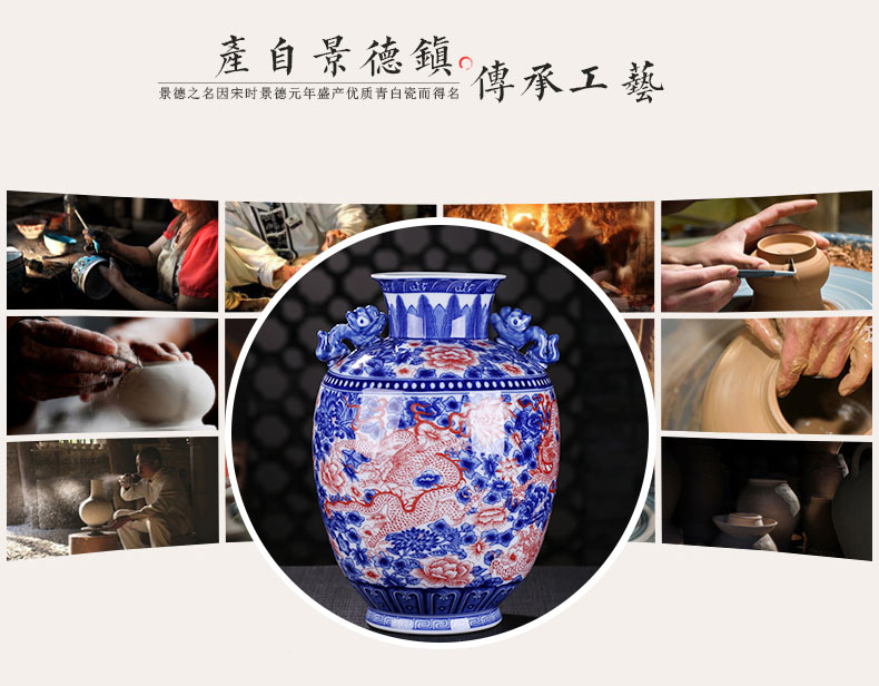 Jingdezhen ceramic vases, Chinese style living room home decoration furnishing articles furnishing articles blue and white porcelain double ears porch decoration