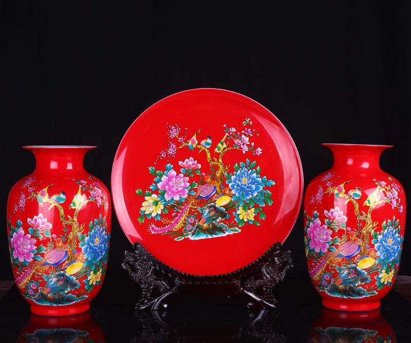 Jingdezhen ceramics glaze crystal lotus three - piece suit modern fashion vase plates home handicraft furnishing articles