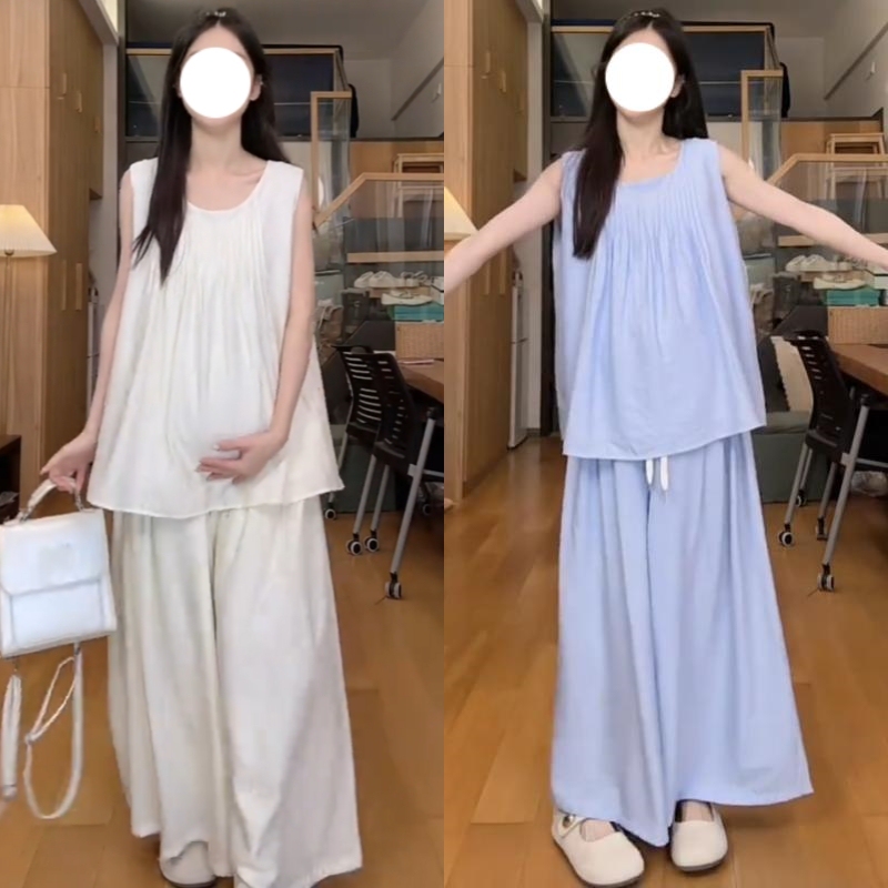 Maternity Two-Piece Set, New Summer Fashion, French Style, Gentle Sleeveless Top with Pig Nose Buttons, Wide-Leg Pants, 2026 Korean Version