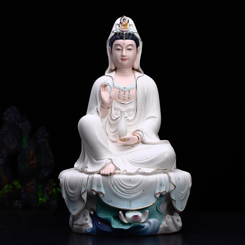Guanyin Buddha Statue for Buddhist Home Deed Porcelain View Audiovisual ceramic Zen Guanyin BodhisattBodhisattBodhisattBodhisattva in white coat and voice pendulum