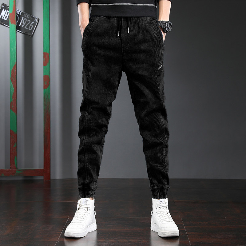 Black jeans men's tide brand loose leg pants spring and summer large size fat thick legs casual harem pants trend