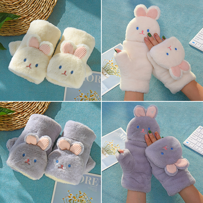 Rabbit Plush Gloves Women's New Cycling Anti-cold Winter Japanese Korean Student Cartoon Thickening Cute Warm Winter