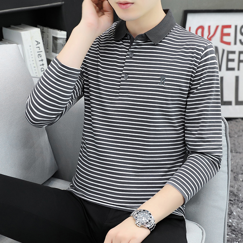 Striped Men's Long-Sleeve T-Shirt with a Collar, New Spring and Autumn Pure Cotton Polo Shirt for Men, Black and White Striped Autumn Clothing Striped Men's Long-Sleeve T-Shirt with a Collar, New Spring and Autumn Pure Cotton Polo Shirt for Men, Black and White Striped Autumn Clothing