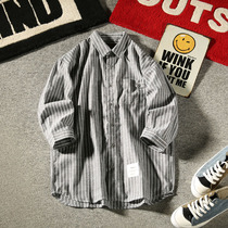 Dangshan American Retro Tide Mens Striped Shirt Autumn Japanese Leisure Youth Seven-cut Sleeve Loose Top