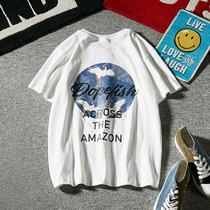 Crane Dance Summer Japanese trendy mens and style print short-sleeved T-shirt casual couple round neck shirt