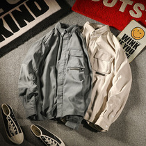 Three eyes Spring and Autumn Korean version of retro Chaomai corduroy tooling stitching shirt casual loose long sleeve shirt