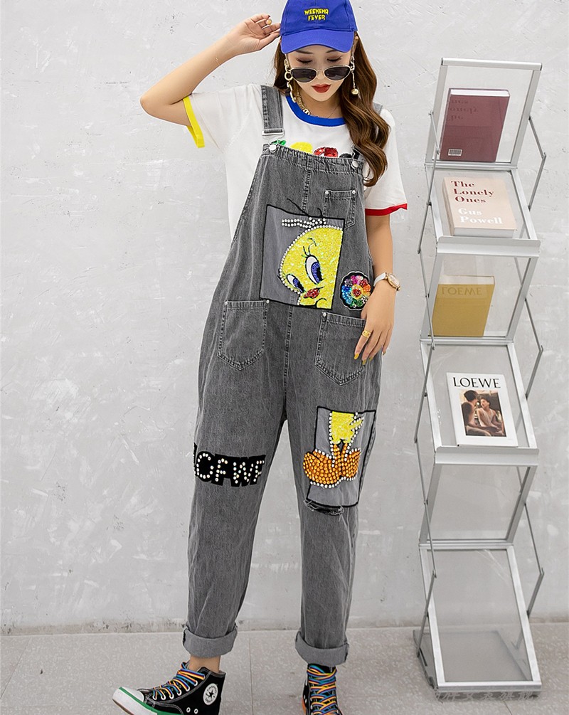 Grey2021 Spring and summer Hong Kong Fashion Brand High waist cowboy rompers female easy Graffiti Sequins hole Sleeveless Conjoined body trousers