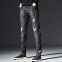 Autumn hole mens jeans Korean slim straight pants mens elastic Tide brand casual black trend Joker