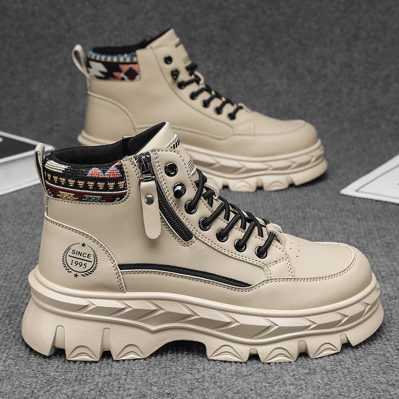 High-Top Men's Shoes, Winter 2025 New Trendy Brand Versatile Leather Work Boots, Men's Thick-Soled Height-Increasing White Martin Boots