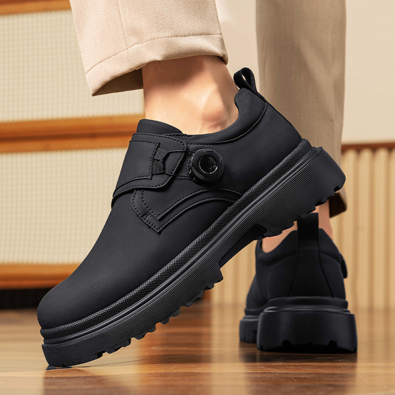 Men's Leather Shoes for Autumn and Winter with Rotating Buckle, Business Formal Thick-Soled Derby Shoes, Men's Casual Low-Top Martin Boots