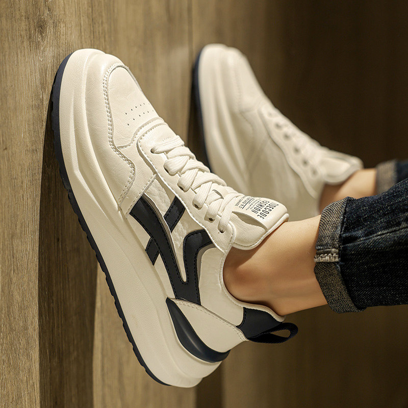 Men's Shoes for Autumn and Winter, Fleece-Lined, Warm Cotton Shoes, High-End Trendy Brand, Genuine Leather, Sports Casual, Thick-Soled, Height-Increasing White Sneakers