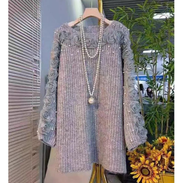 Maternity Wear, Lazy Style, Autumn and Winter Beaded Design, Mid-Length Knitwear for Women, Does Not Show Pregnancy, Large Size Loose Knitwear for Women