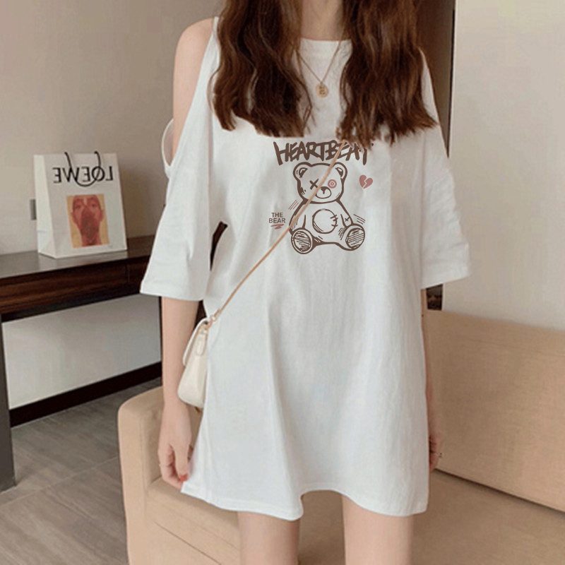 Maternity Wear Off-The-Shoulder Design Cartoon Bear T-Shirt for Women 2026 Summer Pure Cotton Short-Sleeved Mid-Length Loose Top