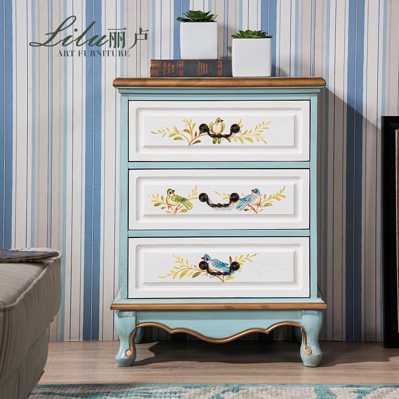 Lilu American three-bucket cabinet Mediterranean simple combination furniture to make old painted bedroom solid wood drawer storage cabinet