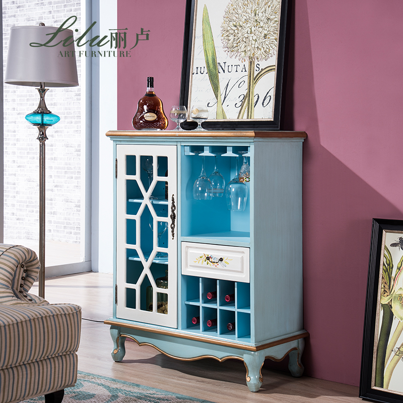 Lilu American solid wood wine cabinet European single door dining cabinet Mediterranean simple old living room partition cabinet Display cabinet